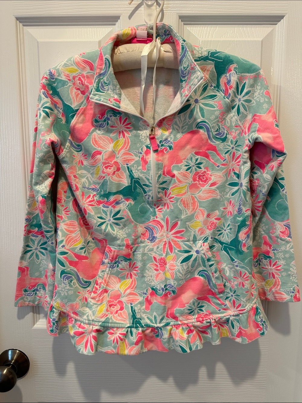 Lilly Pulitzer Pink & Teal Floral Unicorn Quarter-Zip Pullover